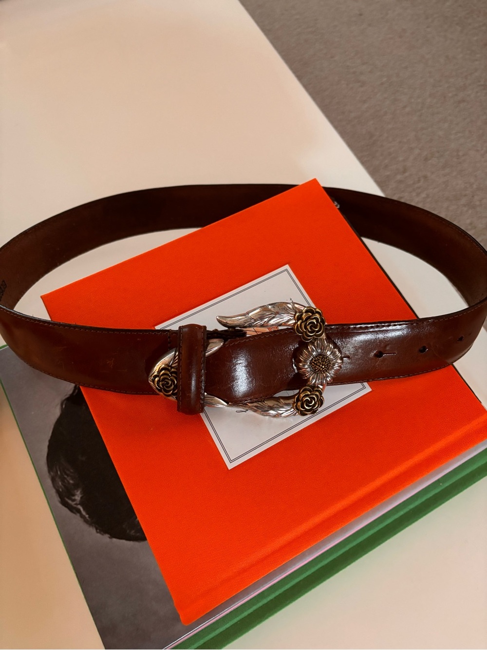 Vintage Brighton Brown Leather Womens Belt with Floral Silver-Tone Buckle